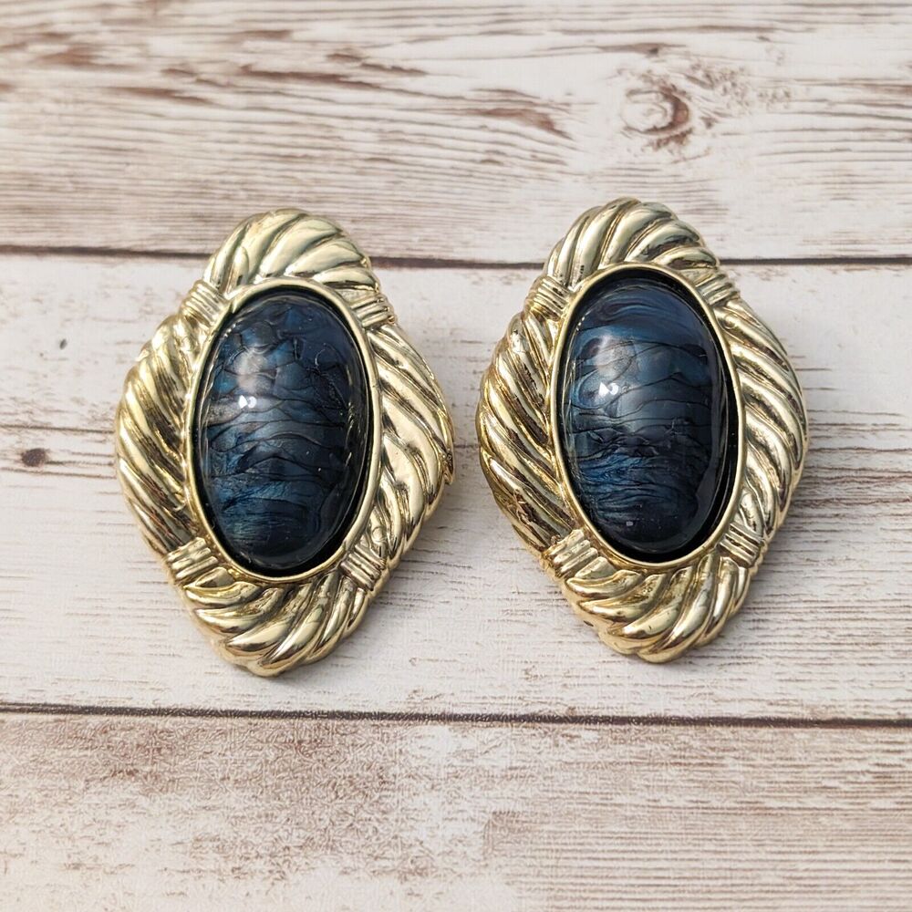 Vintage Clip On Earrings - Extra Large Dark Blue & Gold Tone Statement